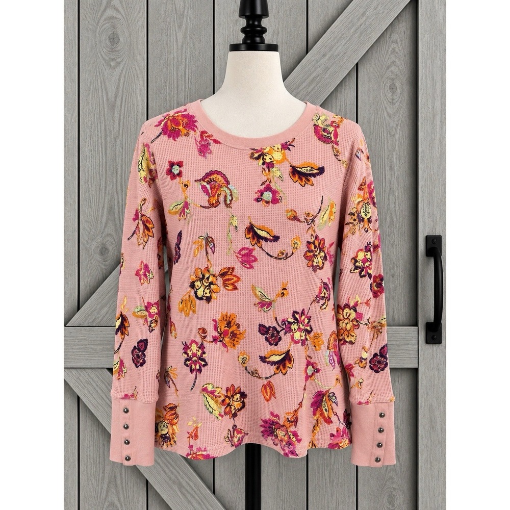 Belle by Kim Gravel Boho Baby Waffle Knit Top Pink Fall Floral A468591 Size M